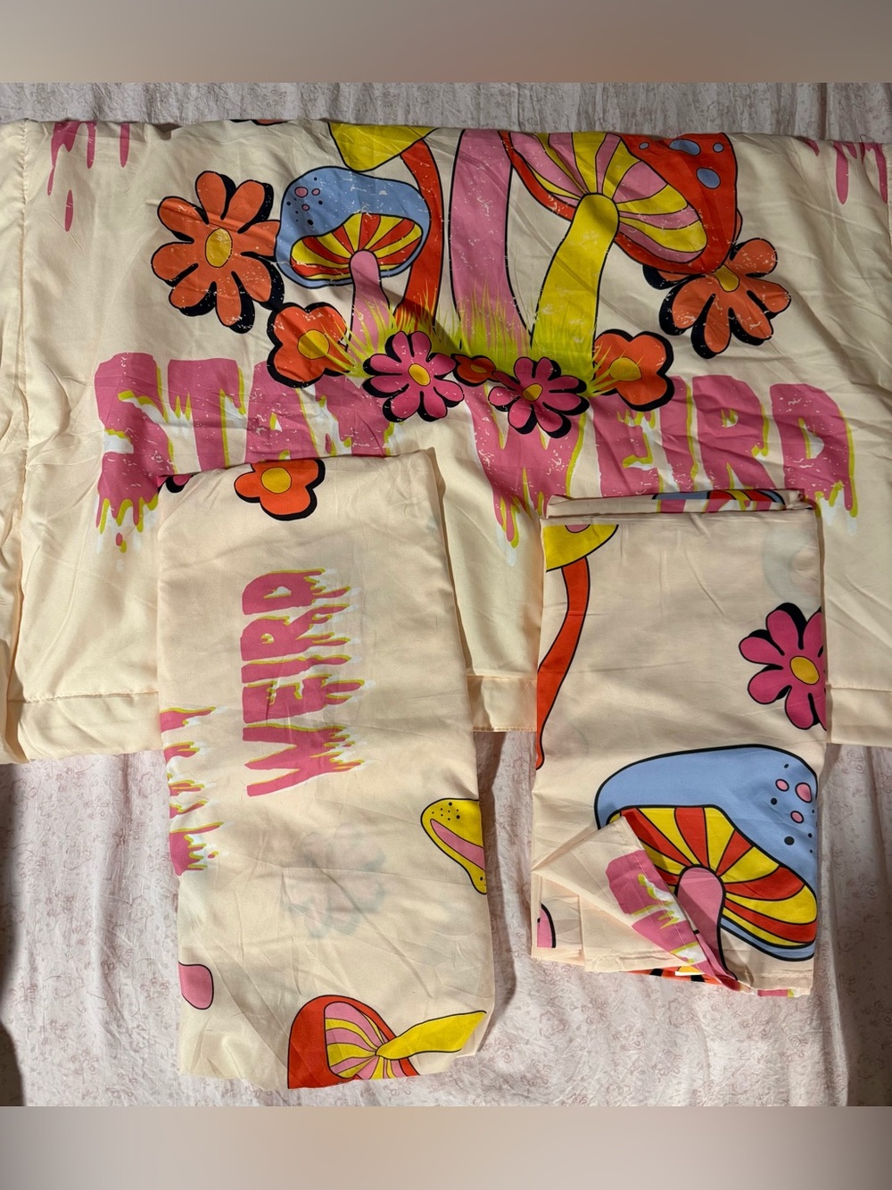 Stay Weird Pink & Yellow Mushroom Crib/Toddler Bedding Set